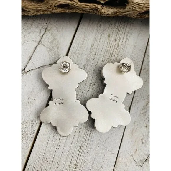 Navajo Sterling Silver & Royston Turquoise Cluster Post Earrings Signed - Picture 6 of 7